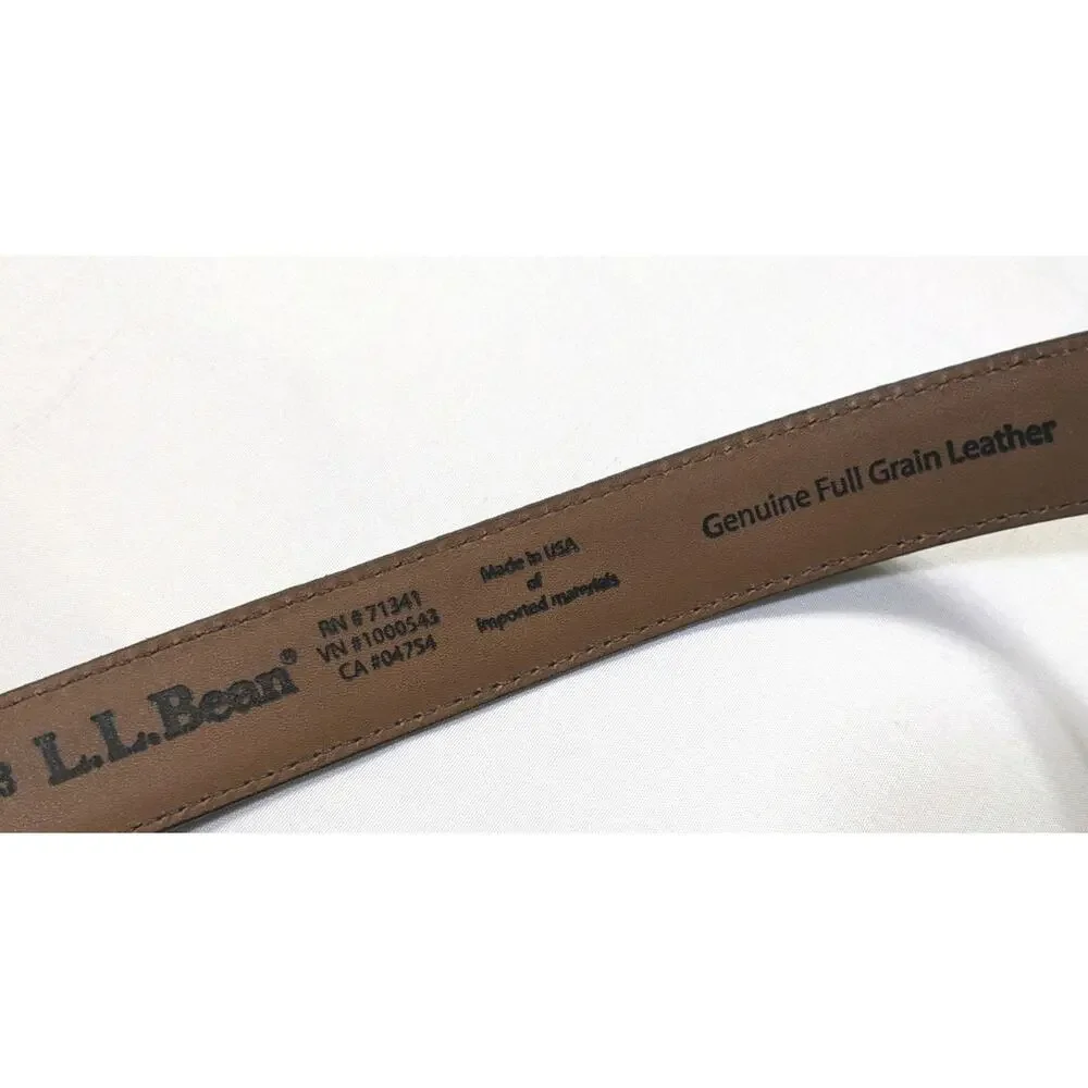 ll bean belt 44 71341 Dark Brown Made In Usa Full Grn Leather Brass Tone Buckle